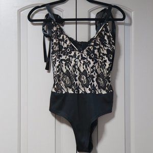 Parisian brand black lace bodysuit with tie shoulders